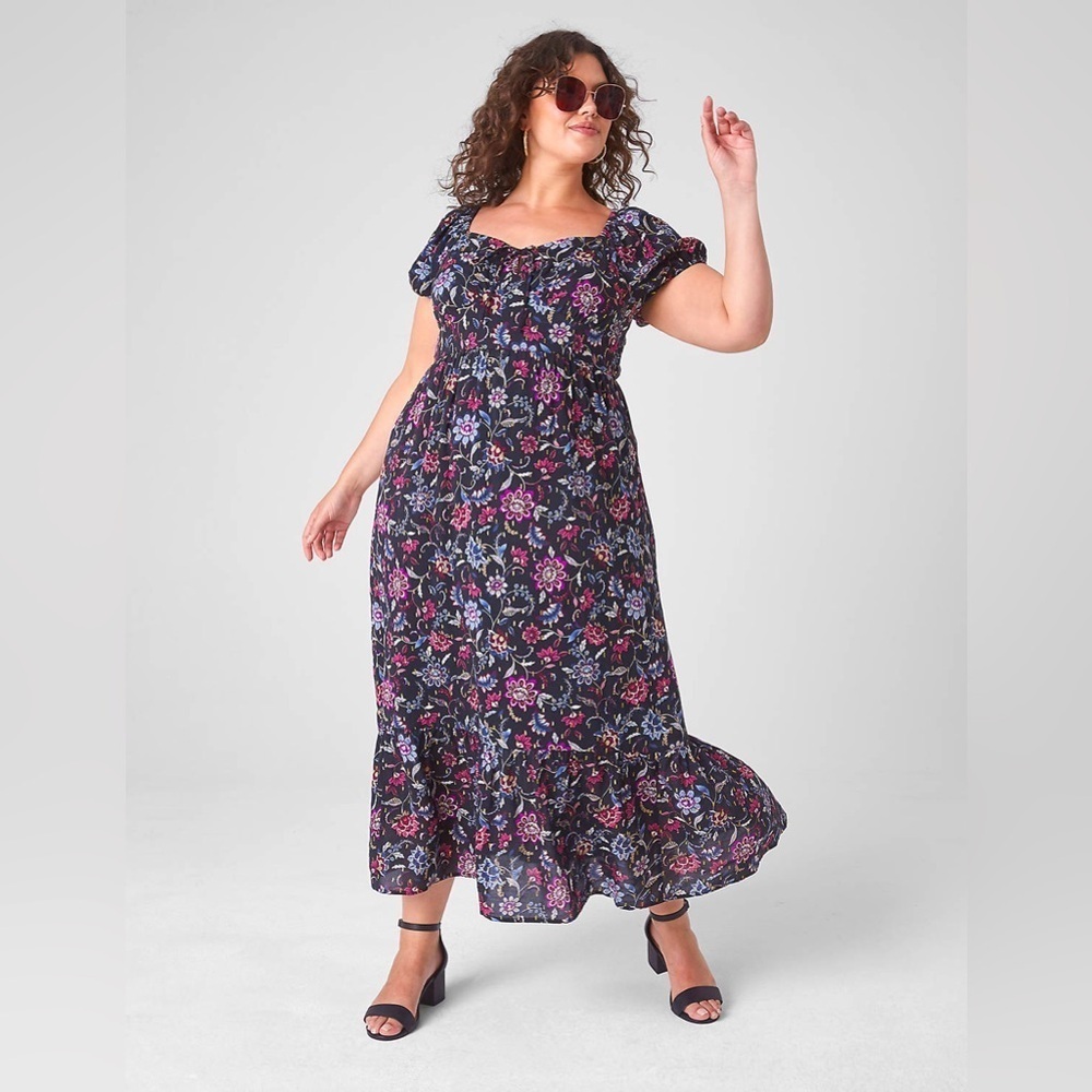 Lane Bryant Black Metallic Floral Bubble Sleeve Tie Neck Tiered Midi Dress 20